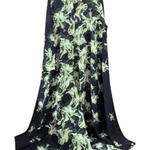 Elegant Sheer Floral Duster Cardigan – Green Leaf Print Open-Front Maxi Abaya